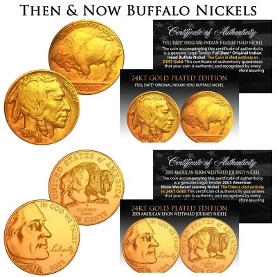Juego de 2 monedas chapadas en oro de 24 quilates de níquel Buffalo ENTONCES & AHORA - BOGO níqueles de 1930 y 2005 Foto 1 de 3