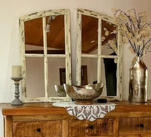 Farmhouse Wall Mirror Rustic Distressed Wood Arched Window Frame 2-Piece Vanity - Picture 1 of 11