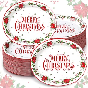 120 Pcs Christmas Poinsettia Oval Dinner Plates Party Bulk 10'' X 12'' Paper Pla - Picture 1 of 6