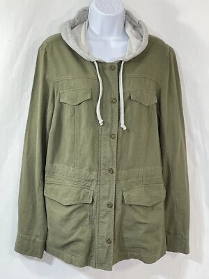 Maurices Women’s Sz M Olive 53% Linen Hoodie Snap Zip Pockets Long Sleeve Jacket - Image 1 of 4