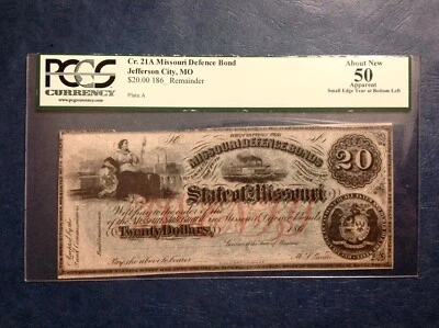 1860's $20 The State of MISSOURI  Defence Bond PCGS About New 50 Apparent cd - Image 1 of 2