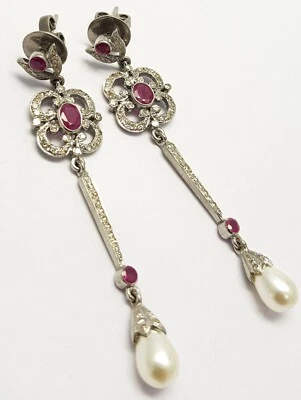 Rubino Perla Gemma 925 Argento Sterling Pavé di Diamanti Portafortuna Orecchini - Immagine 1 di 4