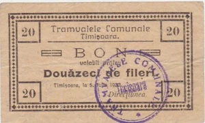 ROMANIA BON Tramvaiele comunale Timisoara 20 Fileri 1920 VF - Picture 1 of 2