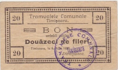 ROMANIA BON Tramvaiele comunale Timisoara 20 Fileri 1920 VF - Image 1 of 2