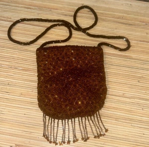 Vintage. Glass Beaded Brown Disco Shoulder Bag Magnetic Clasp One of a Kind - Picture 1 of 6