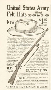 1910 Cal Hirsch & Sons St Louis MO Springfield Gewehr 1,95 $ US Army Filzhut Werbung - Bild 1 von 2