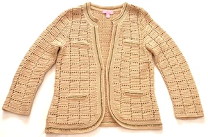 Cardigan donna Lilly Pulitzer beige oro filo piccolo 100% cotone maglia aperta - Foto 1 di 10