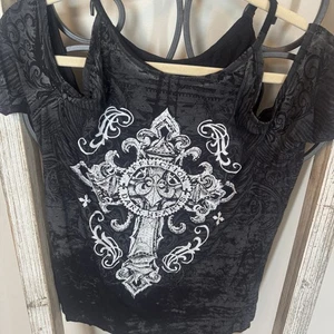 Camiseta sin mangas Affliction Dark Hearts hombro frío estrás pequeña negra gótica - Imagen 1 de 11