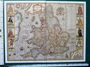 Old Antique Tudor map & Chart of England & Wales: costumes: Speed 1600's Reprint - Picture 1 of 24