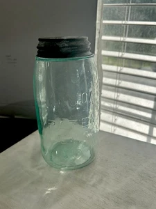Early Antique Mason’s Patent Nov 30TH 1858 Jar Quart Aqua Glass Zinc Lid Bubbles - Picture 1 of 13