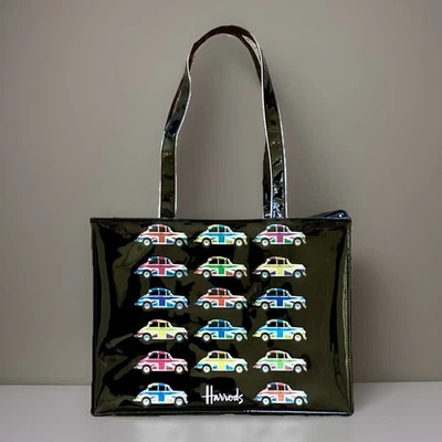 RARE HARRODS LONDON Tote Bag NEW Union Jack VW Bug PVC Zip Inside Pocket 15x11x4 - Image 1 of 4