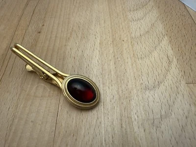 Vintage TIE BAR CLIP CLASP STAY Gold Tone Ruby Red Cabochon - Image 1 of 2