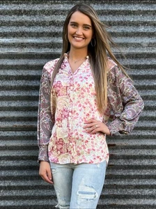 Blusa de satén con cuello volantes manga larga cachemir floral estilo vintage retazos talla S - Imagen 1 de 6