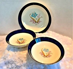 3 VINTAGE TAYLOR SMITH TAYLOR BOWLS ~ BLUE RIM ~ BLUE FLOWER CENTER ~ GOLD TRIM - Picture 1 of 3