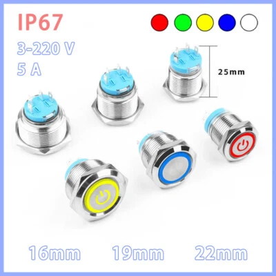 16/19/22mm Metal LED Push Button Switch Momentary Latching ON/OFF Waterproof 5A - Image 1 of 4