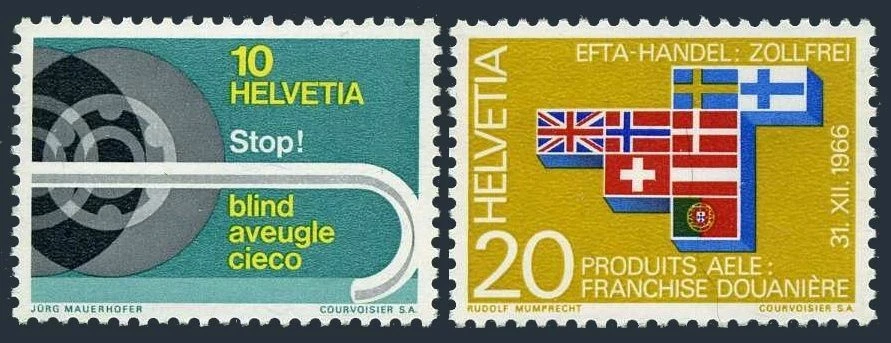 Switzerland 480-481 two sets,MNH.Michel 851-852. White cane for blind,EFTA,1967. - Image 1 of 1