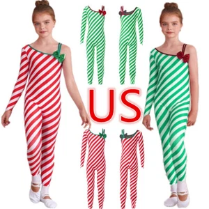 Kids Christmas Striped Unitard Jumpsuit Long Sleeve Xmas Performance Bodysuit - Picture 1 of 65