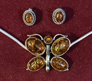 VINTAGE Amber Butterfly Sterling Silver Pendant Necklace & Earring Set - Picture 1 of 3