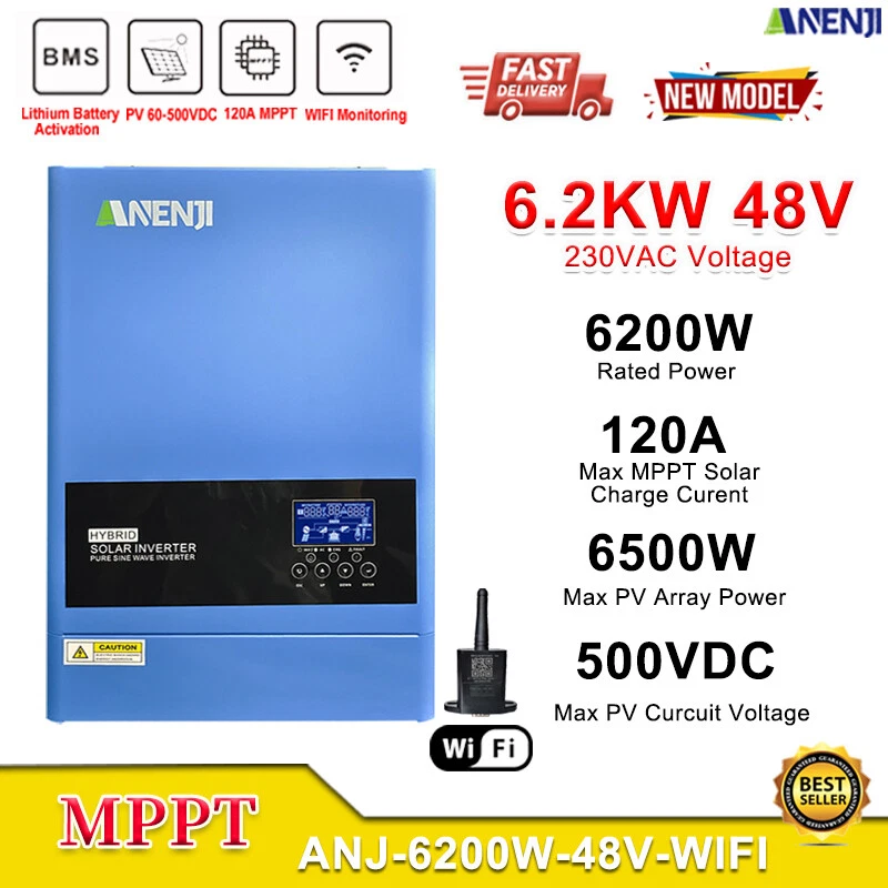 6200W Hybrid Solar Inverter Off-Grid MPPT 120A 230V 48V 500V Pure Sine Wave WIFI