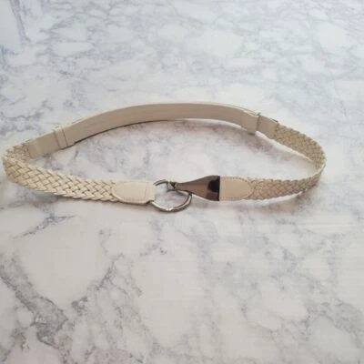 Cinturón Trenzado Tejido Chico's M/L 37" Crema Cuero Vegano Hebilla Cierre Plateado Foto 1 de 4