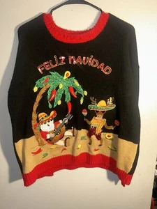 UGLY CHRISTMAS SWEATER FELIZ NAVIDAD BLACK WOMENS XL Holiday Time~Christmas - Picture 1 of 7