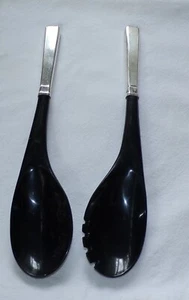 Vintage Sterling Silver Handle &Black Plastic Fork &Spoon Salad Serving Set MCM - Picture 1 of 16