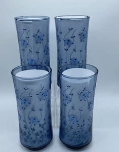 4 Libbey Glass Blue Floral Flowers Drinking Glasses Cups Vintage Tumblers 6.5” - Picture 1 of 11