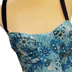 Large MAZU SWIM Waterfall Draped Tankini Top Bathing Suit Aqua Turquoise Paisley - Picture 1 of 6