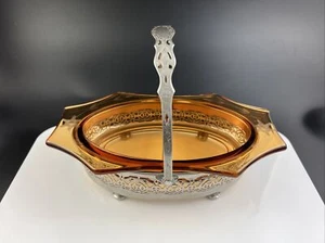 Vintage Cambridge Glas Bernstein 8 1/4" Nr. 428 1/2 geteilte Schale mit Metallkorb - Bild 1 von 12