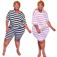 Plus Size Women Short Sleeves Stripe Print Bandage Casual Short Pants Set 2pcs