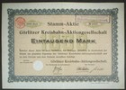 Görlitzer Kreisbahn AG 1000 Mark  1906, unentwertet, kein Barov