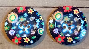 2 Multicolor Floral Buttons Sewing Crafting Round Wood 4 Hole 1.5" - Picture 1 of 2