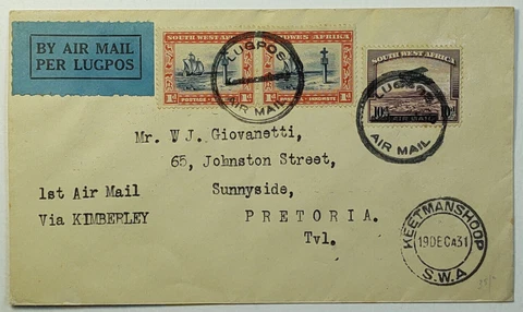 1931 First Flight Keetmanshoop SW Africa Airmail Cover To Pretoria via Kimberley Cover
