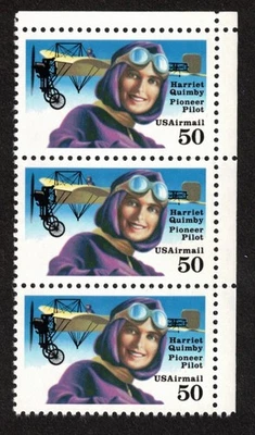 US Scott #C128 50c Air Mail Harriet Quimby Pilot Strip of 3, MNH - Image 1 of 2
