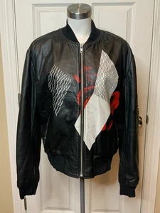McQ Men's Printed Leather Jacket Black W/ Red & White Pattern, Size 48 - Picture 1 of 13