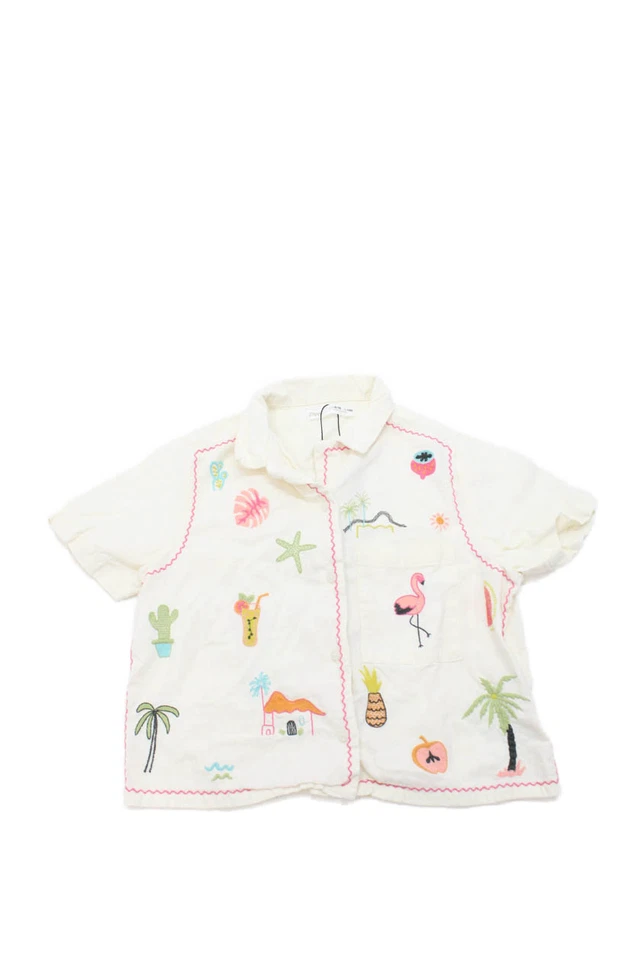 Camisa Zara Niños Algodón Bordado Manga Corta Abotonada Crema Talla 9-10 Foto 1 de 4