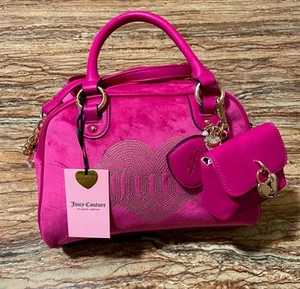 Juicy Couture Bag Pink Raspberry Velour Satchel Handbag Bowler Crossbody Purse - Picture 1 of 9
