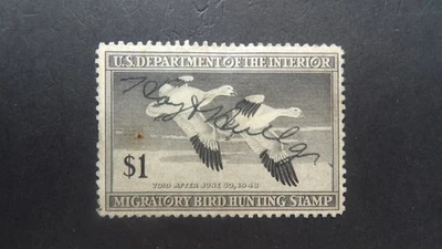 1947 #RW14  $1.00 Federal Duck Stamp Used Fine CV $15 "New Black Mount" - Image 1 of 3