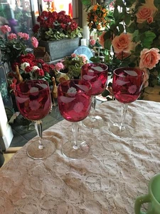 JUEGO DE 4 COPAS DE VINO BOHEMIO DE ARÁNDANO CHECO CORTADO A CLARO GRABADO 8 OZ TALLO - Imagen 1 de 5