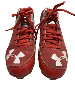 UNDER ARMOUR Baseball Cleats Boys 4 Red&White High Top Shoes Laces Comfort Sport - Picture 1 of 6