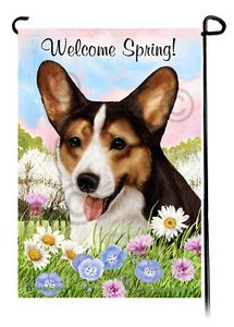 Welcome Spring Garden Flag - Cárdigan abierto de tres corgi galés - Imagen 1 de 1