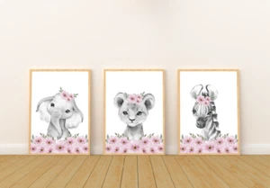 Mädchen Kinderzimmer Drucke | Rosa Safari Kinderzimmer Drucke | Tier Schlafzimmer Dekor Mädchen - Bild 1 von 6