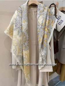Sallys 12 Momme Twill Silk Wrap Scarf Garden Print Shawl Kerchief 53" Beige - Picture 1 of 17