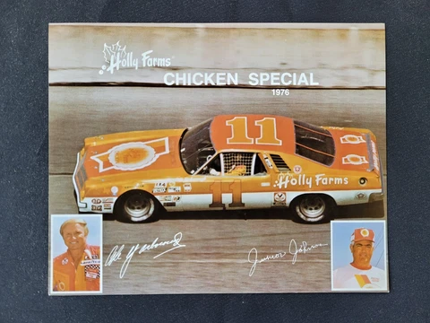 1976 Cale Yarborough NASCAR Holly Farms #11 Postcard Hero Card w/Junior Johnson Cover