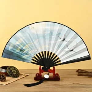 New Chinese Japanese Double Sided Heaven Cranes Cloth Wooden Hand Fan ccfan201 - Picture 1 of 1