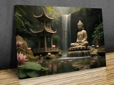 Buda meditación cascadas y loto montado arte de pared en lienzo Foto 1 de 4