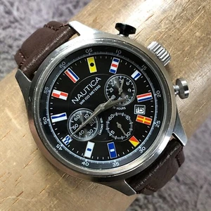 Nautica Men NAD16517G Flags Index Chronograph Leather Quartz 44mm Watch 8 1/4" - Picture 1 of 13
