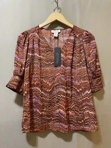 NUEVO CON ETIQUETAS Blusa Rachel Zoe Mujer Manga Corta Cuello en V Talla S Marrón/Naranja Geo - Imagen 1 de 12