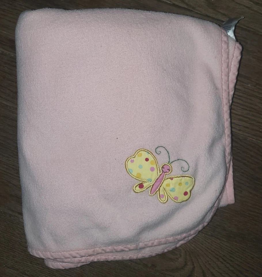 OLD NAVY Pink Yellow POLKA DOT BUTTERFLY Fleece Baby BLANKET Lovey 30x34 Soft - Image 1 of 1