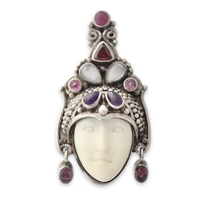 Sajen Goddess Face Pendant Brooch Sterling Silver Ruby Tourmaline Garnet & More - Picture 1 of 5